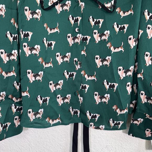 Zara Top Womens XL Dog Print Bow Button Blouse Novelty New Green Blogger Fave - Picture 6 of 13